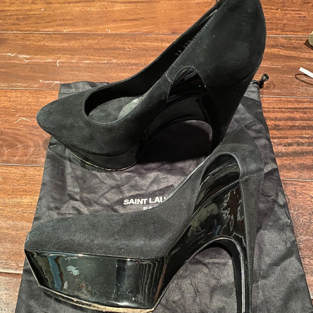 Black suede Yves Saint Laurent platform pumps